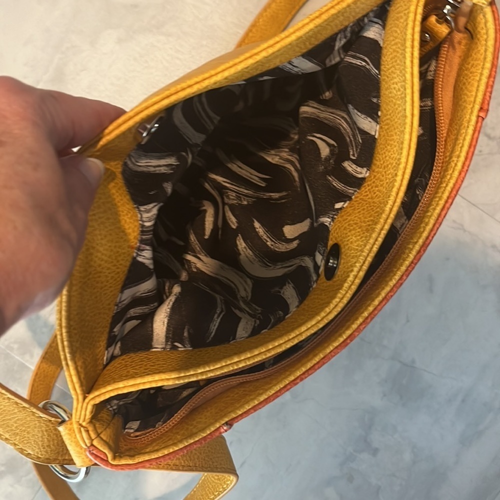 Kenzie  Crossbody or shoulder Bag  Bright pink, orange, goldenrod  10hx 12w x 3d - Picture 9 of 16